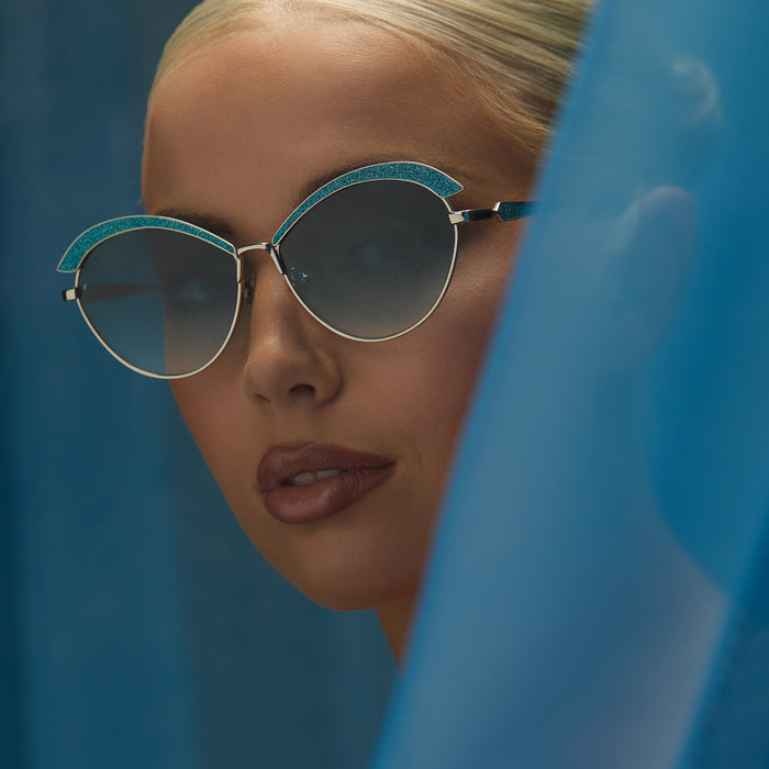 BIANCA BARCLAY - GLITTERY SIREN TEAL + SILVER + TEAL TO GREY SUNGLASSES
