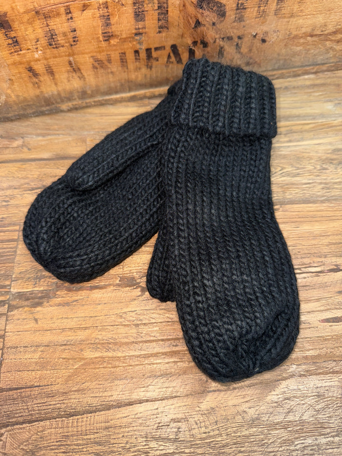 Dark knit cuffed mittens, ribbed wrist cuffs and mitten tops