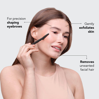 Model using the Kitsch Black Dermaplaner on her cheek, with callouts noting it shapes eyebrows, gently exfoliates skin, and removes unwanted facial hair