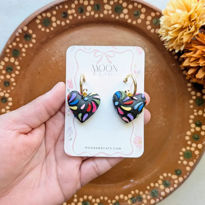 Black Otomi Talavera Heart Earrings