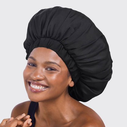 KITSCH Black XL Adjustable Satin Bonnet — product detail shot — adjustable satin, XL fit