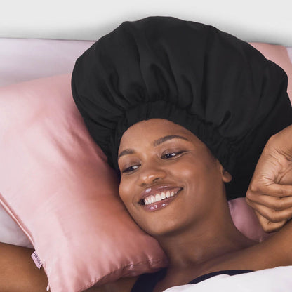 KITSCH Black XL Adjustable Satin Bonnet — product shot on white — high-quality adjustable satin
