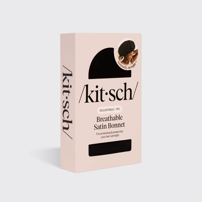 KITSCH Black XL Adjustable Satin Bonnet — packaging shot — adjustable satin, XL fit