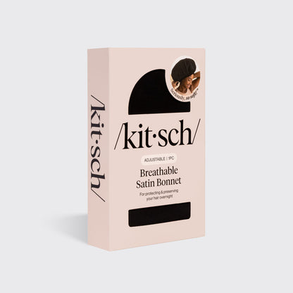 KITSCH Black XL Adjustable Satin Bonnet — packaging shot — adjustable satin, XL fit