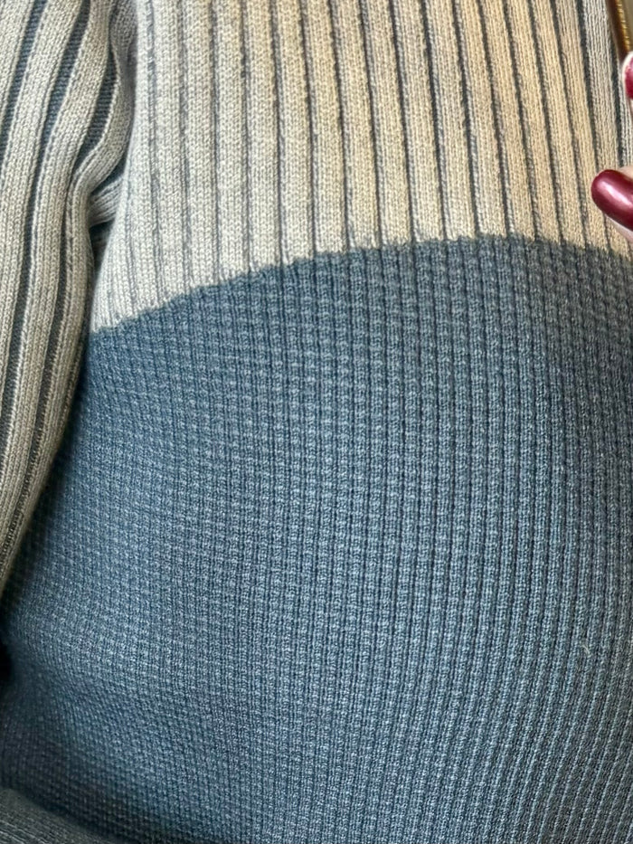Ribbed knit cardigan fabric in light and mid blue with vertical texture stripes