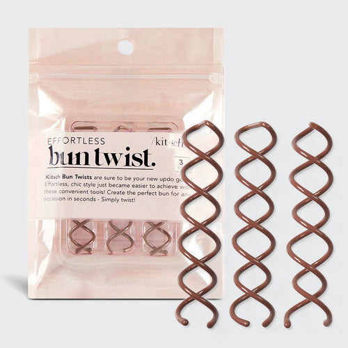 KITSCH Brown Bun Twists 3pc Set — hero shot of the three brown bun twists with retail packaging on a gray background — an easy way to create chic buns with just a twist of the wrist — effortless updo tool for any occasion