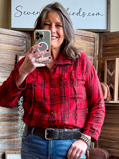 Red buffalo-plaid cotton button-front shirt with long sleeves and button closure