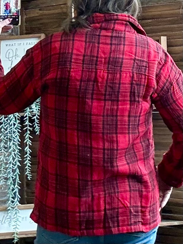 Red and black buffalo-plaid cotton button-front shirt back with yoke and seams