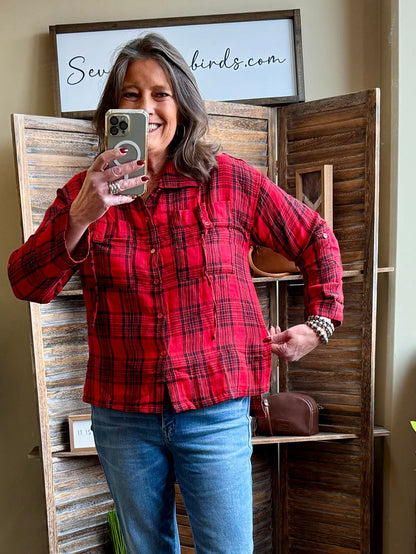 Red buffalo-plaid cotton button-front shirt with long sleeves and chest buttons