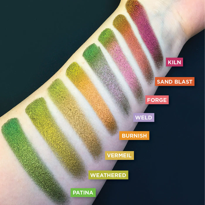 Top Angled arm swatches on fair skin tone of Burnish Jewelled Multichrome Eyeshadow shifts compared to Kiln, Sand blast, Forge, Weld, Vermeil, Weathered, Patina