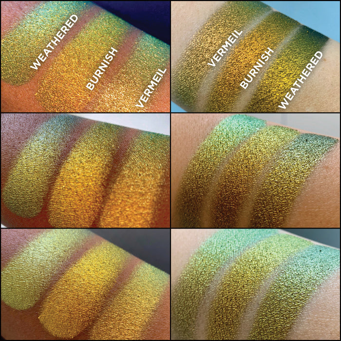 Arm swatches on medium and deep skin tones of Burnish Jewelled Multichrome Eyeshadow shifts compared to Vermeil, Weathered