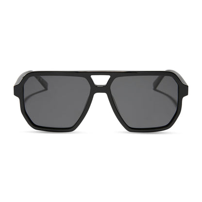 diff eyewear featuring the cameron navigator sunglasses with a black frame and grey polarized lenses front view