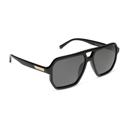 diff eyewear featuring the cameron navigator sunglasses with a black frame and grey polarized lenses angled view