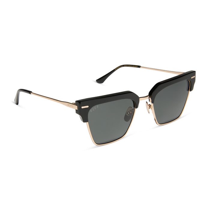 diff eyewear featuring the capri rectangle sunglasses with a black frame and grey polarized lenses angled view