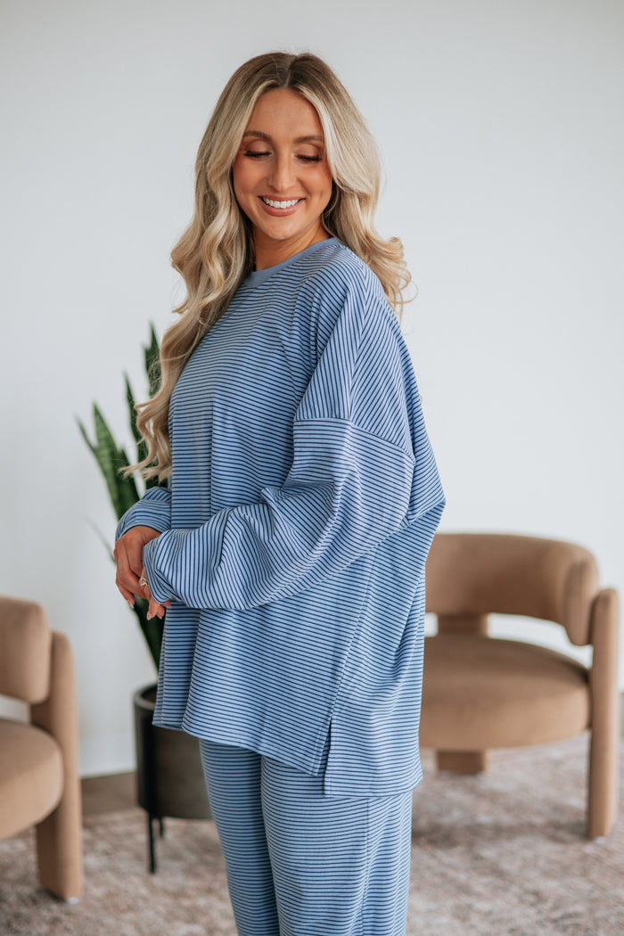 Cayla Striped Top - Dusty Blue Mix
