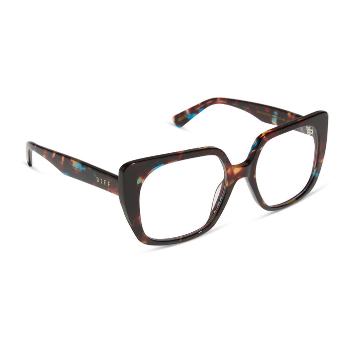 diff eyewear featuring the cecilia square prescription glasses with a confetti tortoise frame angled view