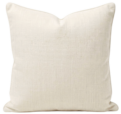 Beige pillow with text 'Backing Options' and 'Heavyweight Linen or Double Sided' on a white background
