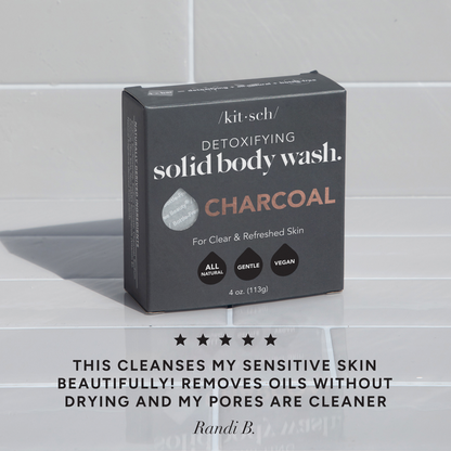 Kitsch Charcoal Detoxifying Body Wash bar styled with charcoal accents and a 5-star customer review