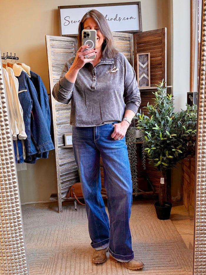 Charcoal embroidered spur rowel half-zip sweatshirt with long sleeves