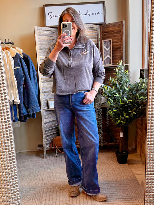 Charcoal embroidered spur rowel half-zip sweatshirt with long sleeves