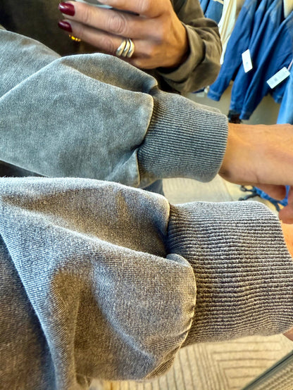 Charcoal sweatshirt sleeve with ribbed knit cuff and textured hem