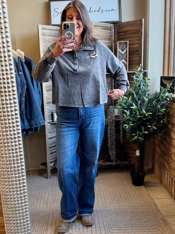 Charcoal embroidered spur rowel half-zip sweatshirt, long sleeves, front zipper