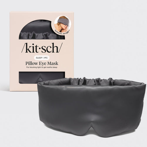 Kitsch Charcoal Satin Pillow Eye Mask lying flat showing padded design and ruched elastic band