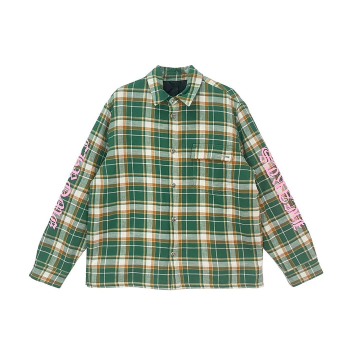 Chrome Hearts Green Flannel Shirt with Pink Sleeve Logo – hoodie front view