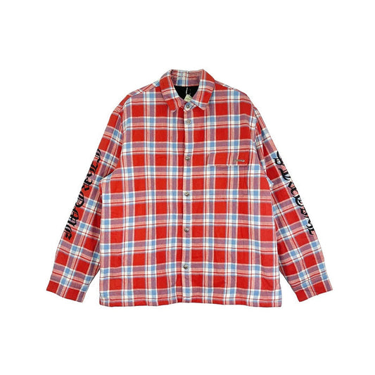 Chrome Hearts Red Light Blue Plaid Flannel with Black Sleeve Logo – hoodie front view