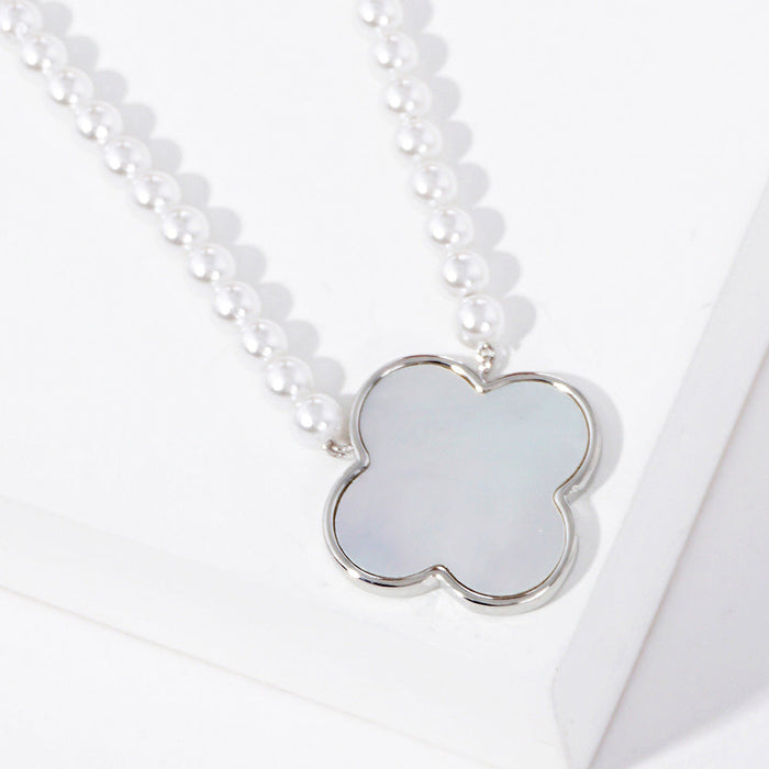 Clover and Pearl Necklace - White Gold