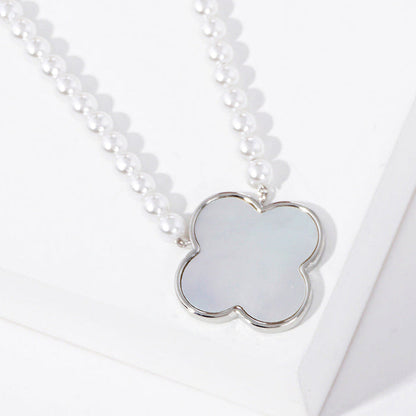Clover and Pearl Necklace - White Gold