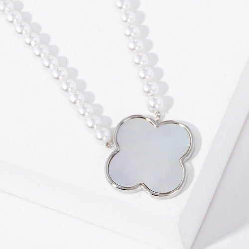 Clover and Pearl Necklace - White Gold