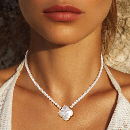 Clover and Pearl Necklace - White Gold