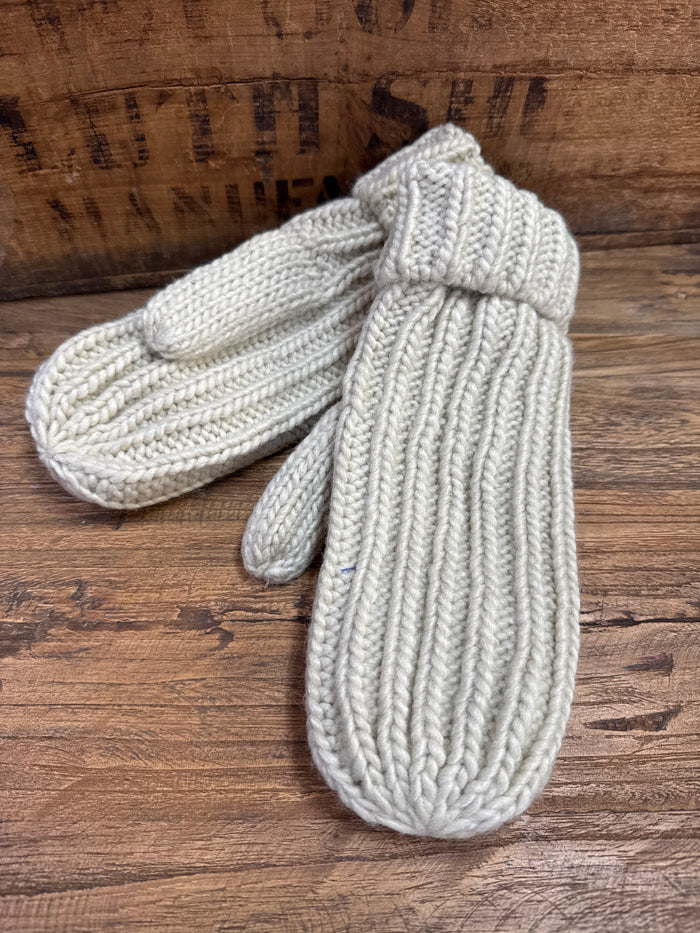 Cream cable knit mittens with thick ribbed cuffs, pair with open wrist openings