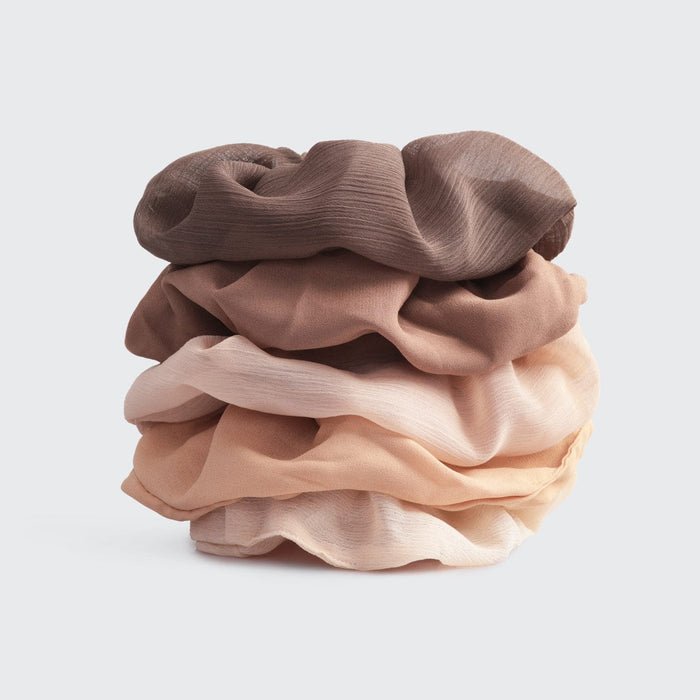 KITSCH Crepe Scrunchies in Terracotta — product flat lay of 5 terracotta crepe scrunchies — assorted warm terra cotta and rust tones