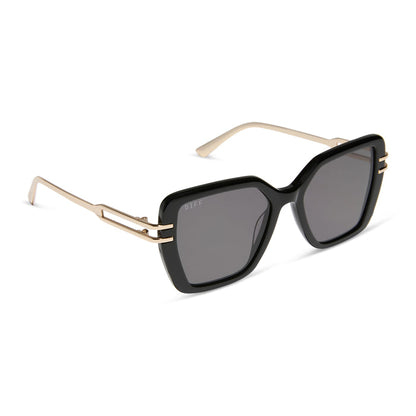 diff eyewear featuring the dasha square sunglasses with a black frame and grey lenses angled view
