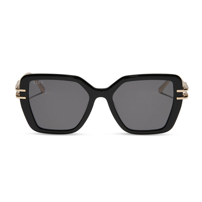 diff eyewear featuring the dasha square sunglasses with a black frame and grey lenses front view