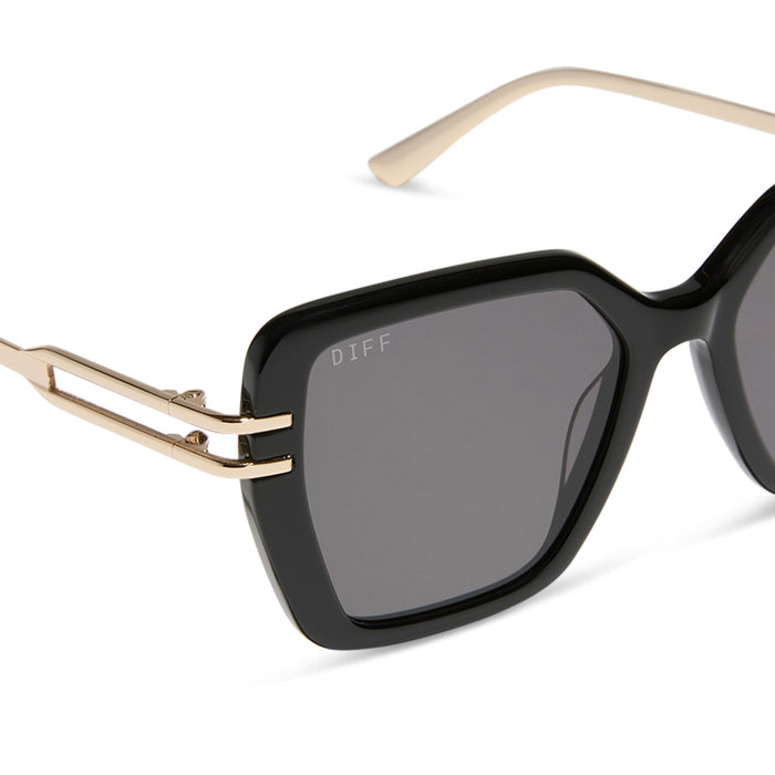 diff eyewear featuring the dasha square sunglasses with a black frame and grey lenses detailed view
