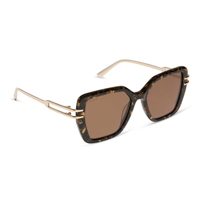 diff eyewear featuring the dasha square sunglasses with a glitter gold tortoise frame and brown lenses angled view