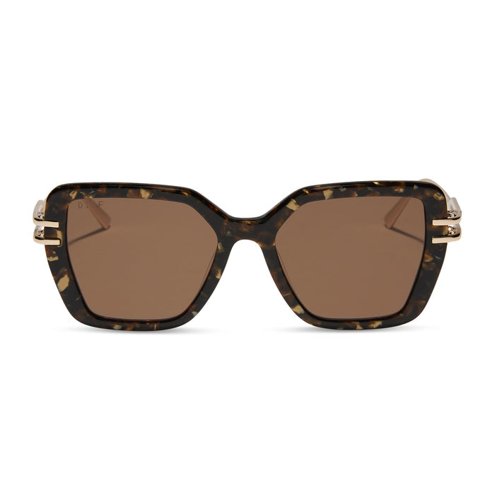 diff eyewear featuring the dasha square sunglasses with a glitter gold tortoise frame and brown lenses front view