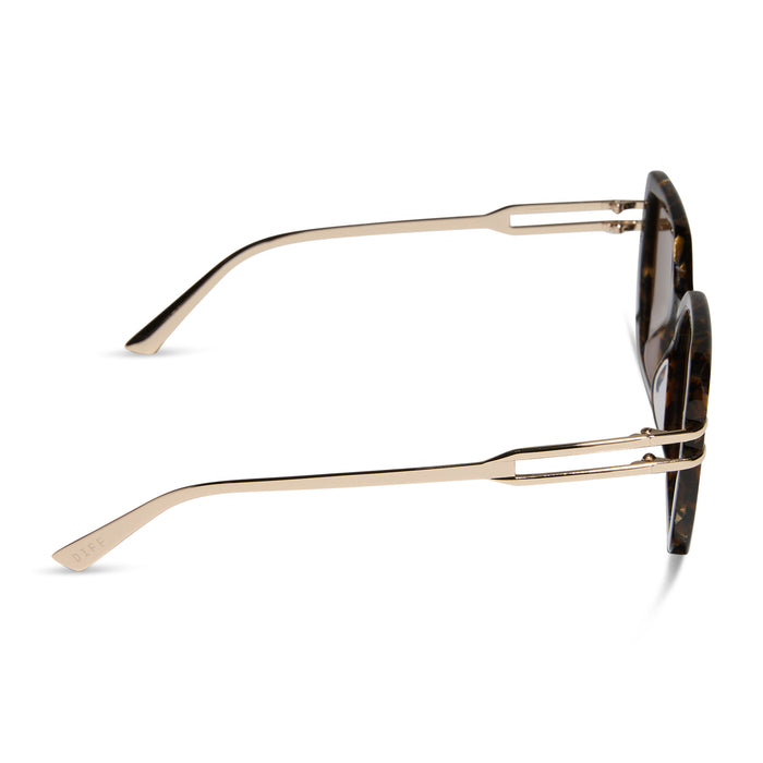 diff eyewear featuring the dasha square sunglasses with a glitter gold tortoise frame and brown lenses side view
