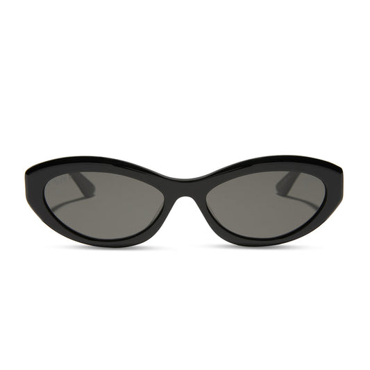 jessie james decker x diff eyewear featuring the dolce bella oval sunglasses with a black frame and grey lenses front view