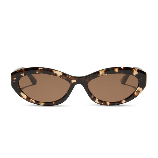 jessie james decker x diff eyewear featuring the dolce bella oval sunglasses with a espresso tortoise frame and brown lenses front view