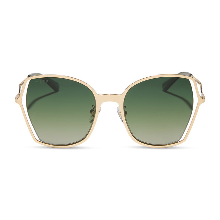 diff eyewear featuring the donna iii square sunglasses with a gold frame and cool matcha gradient polarized lenses front view