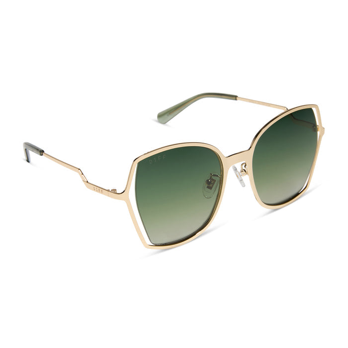 diff eyewear featuring the donna iii square sunglasses with a gold frame and cool matcha gradient polarized lenses angled view
