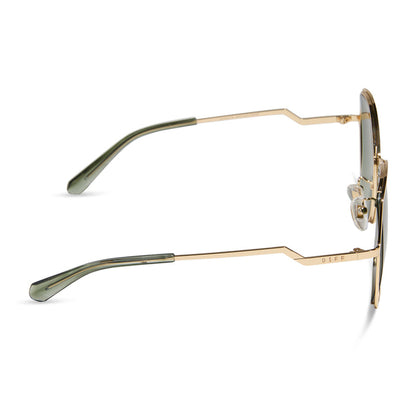 diff eyewear featuring the donna iii square sunglasses with a gold frame and cool matcha gradient polarized lenses side view