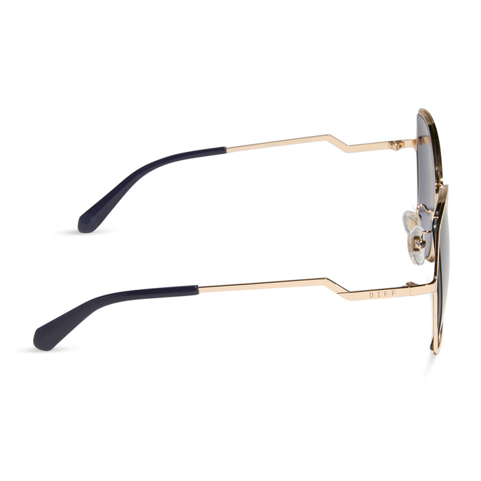 diff eyewear featuring the donna iii square sunglasses with a gold frame and midnight blue gradient polarized lenses side view