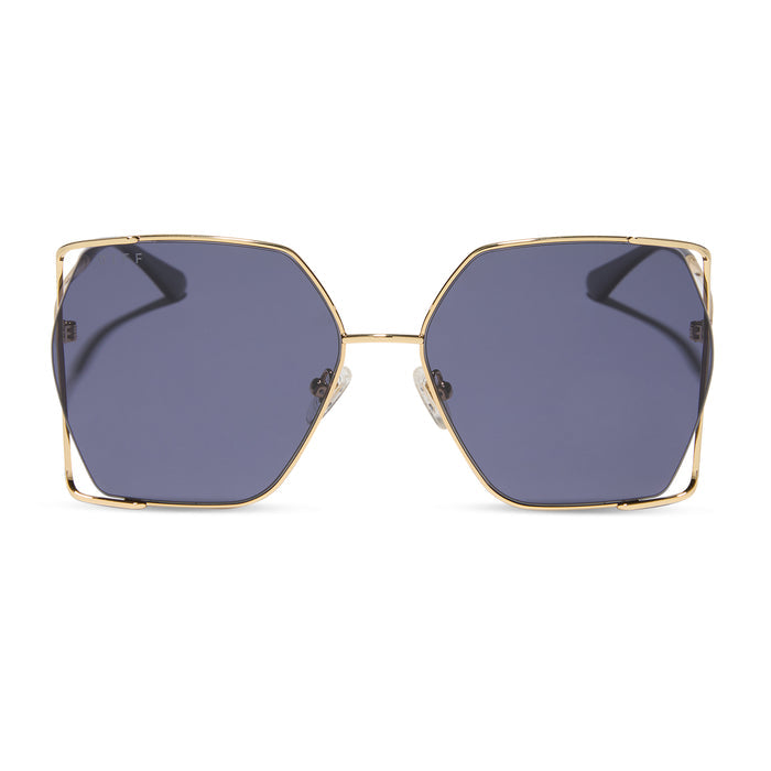 diff eyewear featuring the donna iv square sunglasses with a gold frame and midnight blue polarized lenses front view