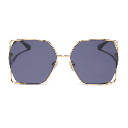 diff eyewear featuring the donna iv square sunglasses with a gold frame and midnight blue polarized lenses front view