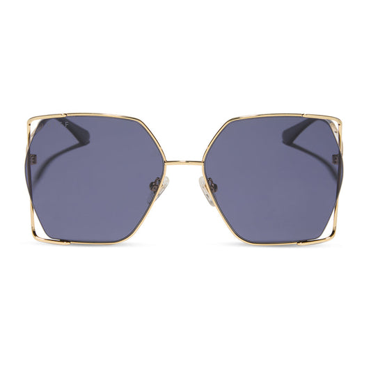 diff eyewear featuring the donna iv square sunglasses with a gold frame and midnight blue polarized lenses front view
